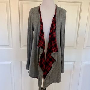 HEATHER JERSEY OPEN DRAPE CARDIGAN FLANNEL PLAID